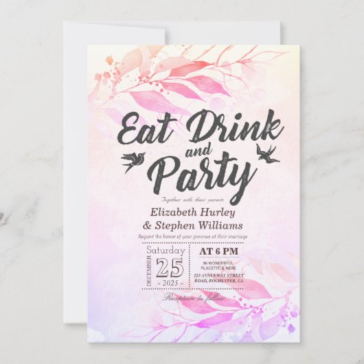 Invitation Feuilles aquarelles violettes Manger Boire & Fête (Devant)