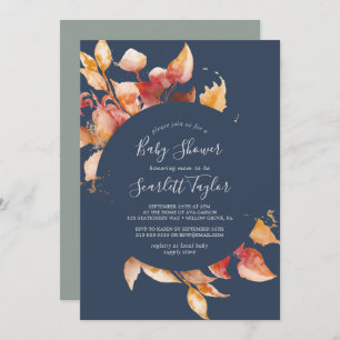 Invitation Feuilles automnales Baby shower bleu marine et b