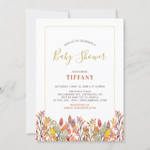 Invitation Feuilles automnales et Baby shower or / Saupoudrer