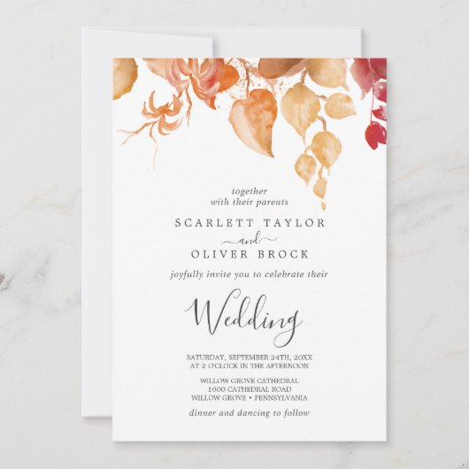 Invitation Feuilles automnales | Mariage blanc et bourguignon (Devant)