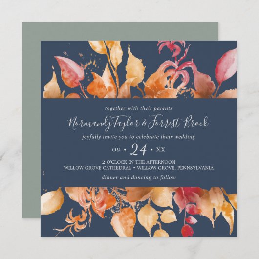 Invitation Feuilles automnales | Mariage de Carré Décontracté (Devant / Derrière)