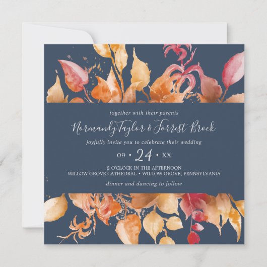 Invitation Feuilles automnales | Mariage de Carré Décontracté (Devant)