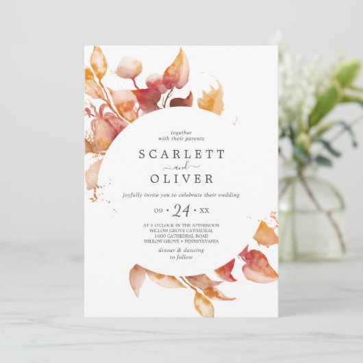 Invitation Feuilles automnales | Mariage Décontracté blanc et (Debout devant)