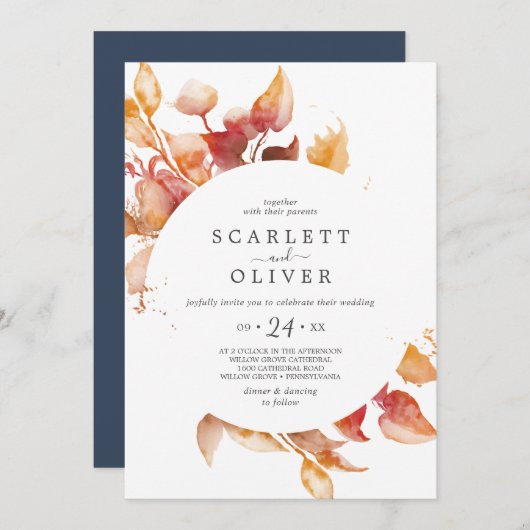 Invitation Feuilles automnales | Mariage Décontracté blanc et (Devant / Derrière)