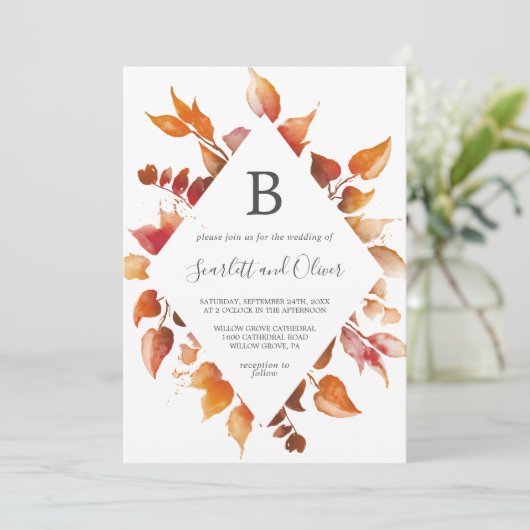 Invitation Feuilles automnales | Mariage diamant blanc et bor (Debout devant)