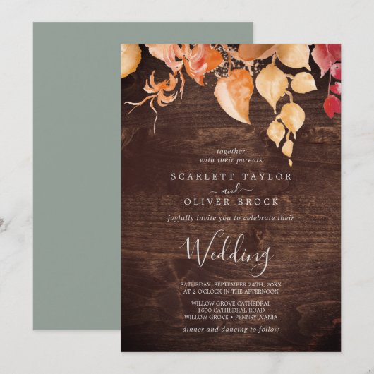 Invitation Feuilles automnales | Mariage en bois Brown rustiq (Devant / Derrière)