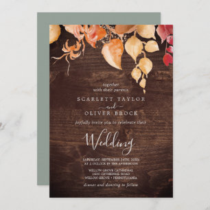 Invitation Feuilles automnales   Mariage en bois Brown rustiq