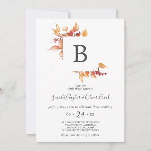 Invitation Feuilles automnales | Mariage Monogramme blanc et  (Devant)