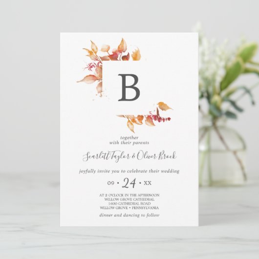 Invitation Feuilles automnales | Mariage Monogramme blanc et  (Debout devant)