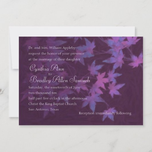 Invitation Feuilles automnales mariages en violet et rose (Devant)