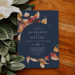 Invitation Feuilles automnales | Navy Blue & Burgundy Mariage<br><div class="desc">Cet automne laisse marine bleu et bordeaux faire-part de mariage décontracté est parfait pour un mariage d'octobre. Le design rustique moderne présente de superbes feuilles d'automne aquarelle peintes à la main dans des tons colorés de jaune, d'orange brûlé et de rouge bordeaux qui s'affichent sur un arrière - plan bleu...</div>