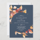 Invitation Feuilles automnales | Navy Blue & Burgundy Mariage (Devant)