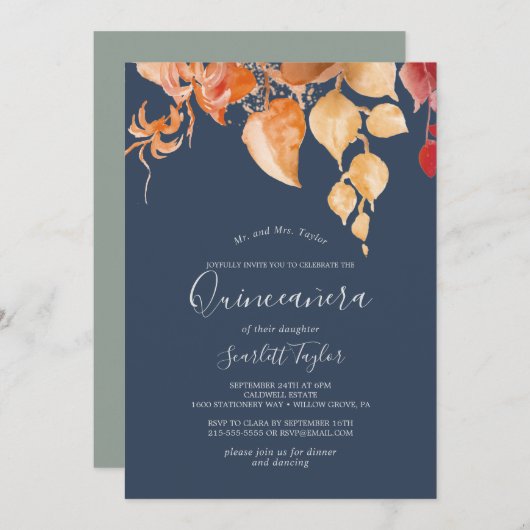 Invitation Feuilles automnales | Navy Blue & Burgundy Quincea (Devant / Derrière)