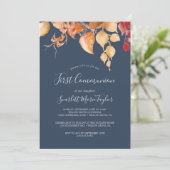 Invitation Feuilles automnales | Première communion bleu et b (Debout devant)