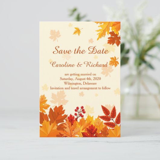 Invitation Feuilles automnales rouges et dorées Save the Date (Debout devant)