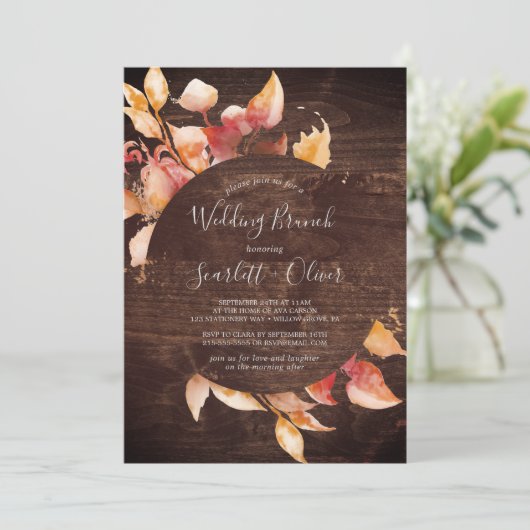 Invitation Feuilles automnales | Rustic Brown Wood Mariage Br (Debout devant)