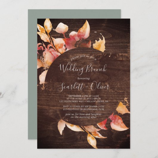 Invitation Feuilles automnales | Rustic Brown Wood Mariage Br (Devant / Derrière)