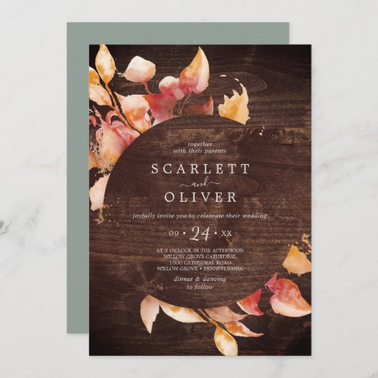Invitation Feuilles automnales | Rustique Brown bois Mariage  (Devant / Derrière)