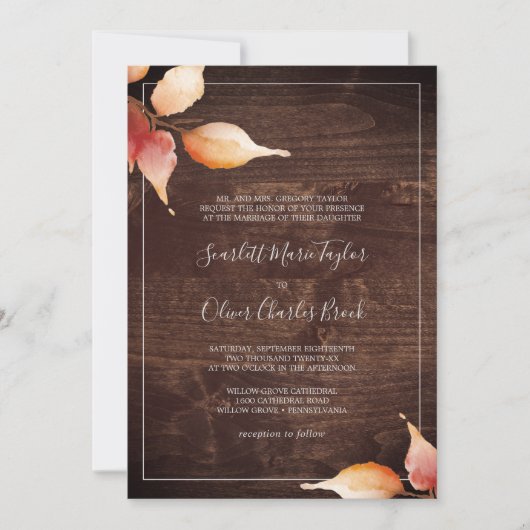Invitation Feuilles automnales | Rustique Brown bois Mariage  (Devant)