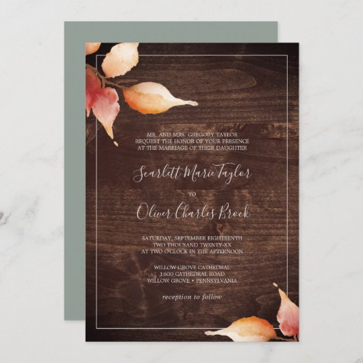 Invitation Feuilles automnales | Rustique Brown bois Mariage  (Devant / Derrière)