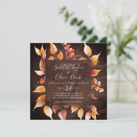 Invitation Feuilles automnales | Rustique Brown Carré Mariage (Debout devant)