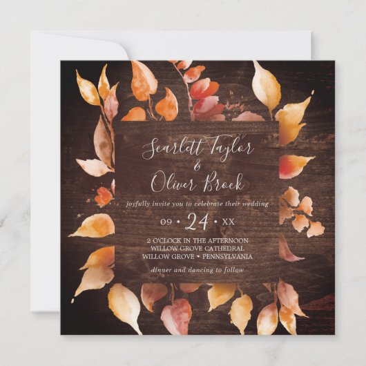 Invitation Feuilles automnales | Rustique Brown Carré Mariage (Devant)