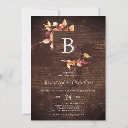 Invitation Feuilles automnales | Rustique Brown Mariage de mo (Devant)