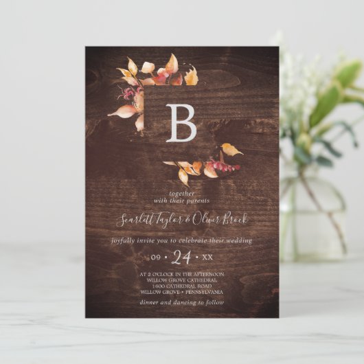 Invitation Feuilles automnales | Rustique Brown Mariage de mo (Debout devant)