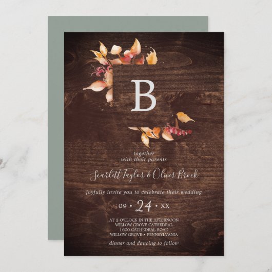 Invitation Feuilles automnales | Rustique Brown Mariage de mo (Devant / Derrière)