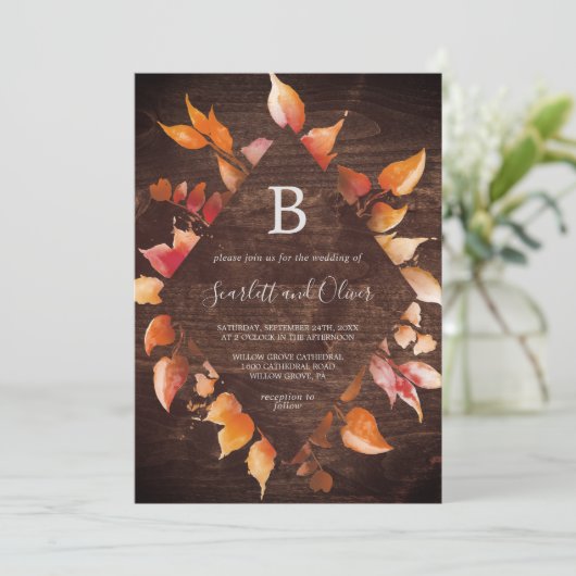 Invitation Feuilles automnales | Rustique Brown Mariage diama (Debout devant)