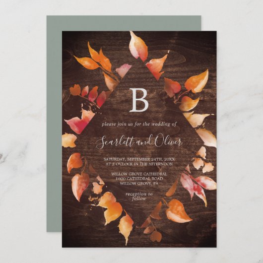 Invitation Feuilles automnales | Rustique Brown Mariage diama (Devant / Derrière)