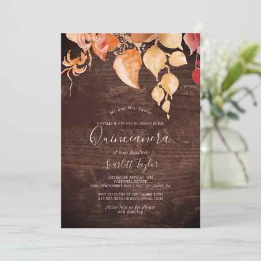 Invitation Feuilles automnales | Rustique Brown Wood Quinceañ (Debout devant)