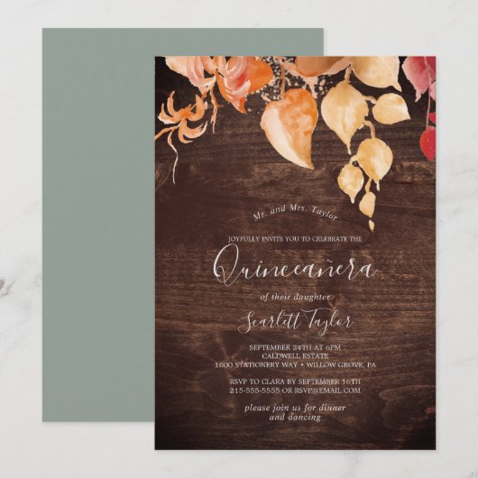 Invitation Feuilles automnales | Rustique Brown Wood Quinceañ (Devant / Derrière)