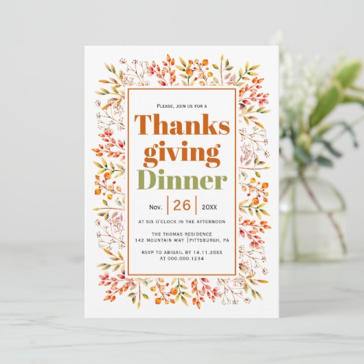 Invitation Feuilles, baies brûlées orange Thanksgiving Dîner (Debout devant)