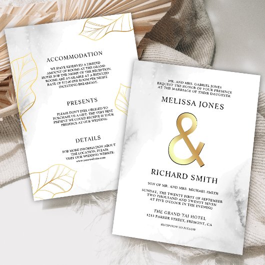 Invitation Feuilles blanc et or tout en un Mariage