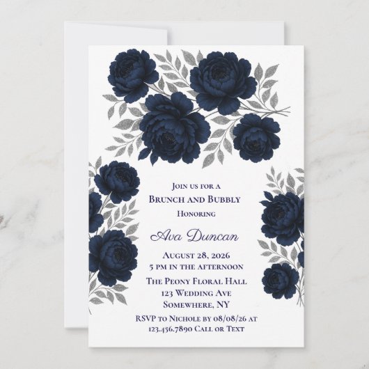 Invitation Feuilles bleu marine et argent Brunch et Bubbly (Devant)