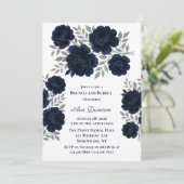 Invitation Feuilles bleu marine et argent Brunch et Bubbly (Debout devant)