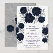Invitation Feuilles bleu marine et argent Brunch et Bubbly (Devant / Derrière)
