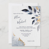 Invitation Feuilles bleues avec mariage or (Devant)