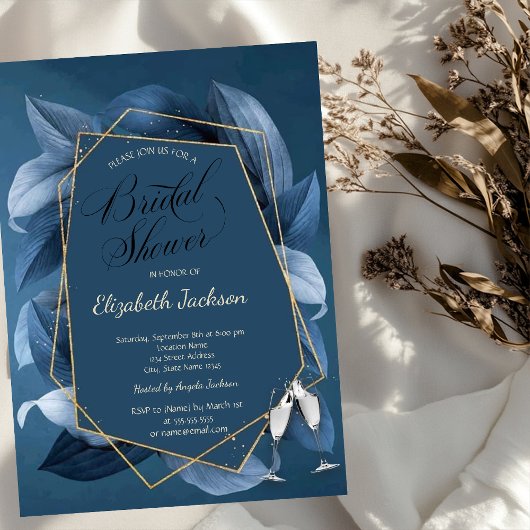 Invitation Feuilles bleues cadre doré verre douche de mariage