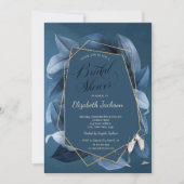 Invitation Feuilles bleues cadre doré verre douche de mariage (Devant)