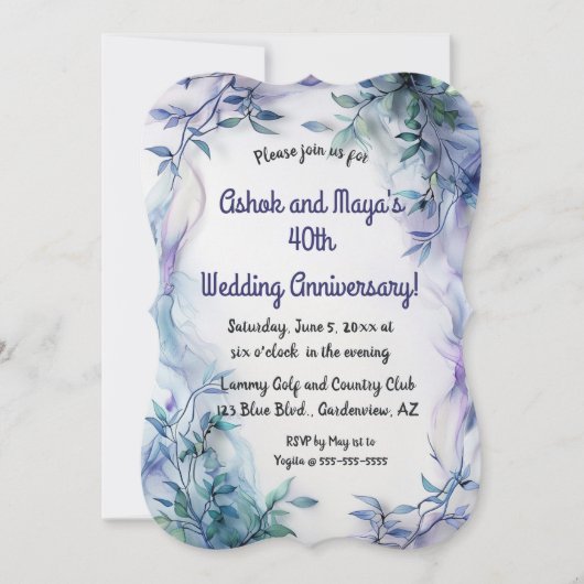 Invitation Feuilles bleues et vagues violettes mod (Devant)