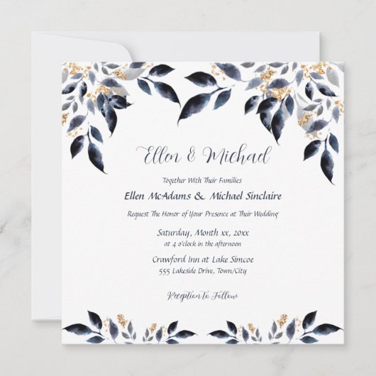 Invitation Feuilles bleus avec Mariage or (Devant)