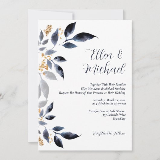 Invitation Feuilles bleus avec Mariage or (Devant)