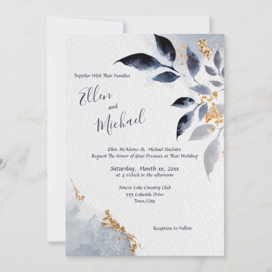 Invitation Feuilles bleus avec Mariage or (Devant)
