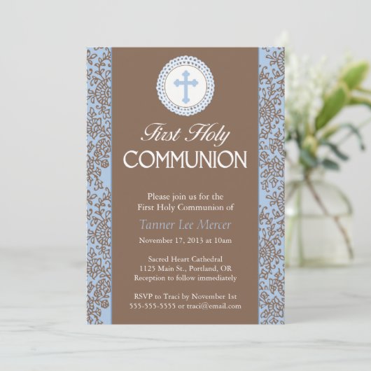 Invitation Feuilles bleus communion (Debout devant)
