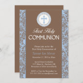 Invitation Feuilles bleus communion (Devant / Derrière)