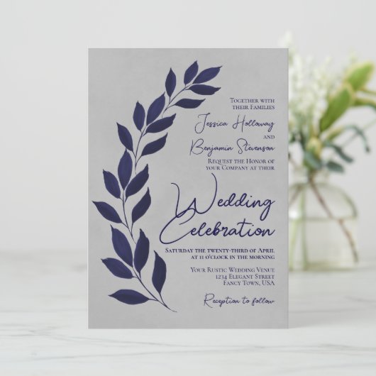 Invitation Feuilles bleus de la marine moderne sur Mariage gr (Debout devant)