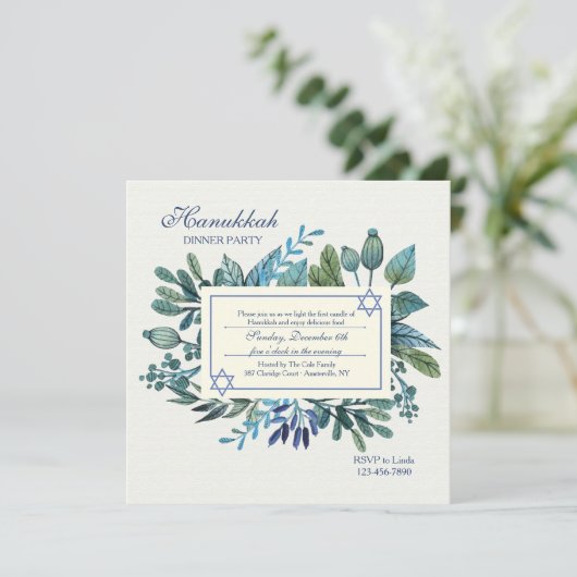 Invitation Feuilles bleus et Berries Hanoukka Party (Debout devant)