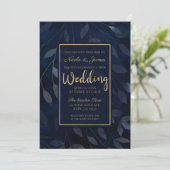 Invitation Feuilles botaniques bleu foncé mariage chic modern (Debout devant)